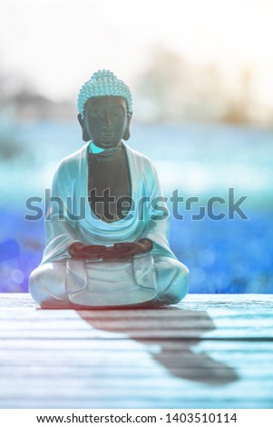 Buddha statue at an Indian temple, summer time. Text space.