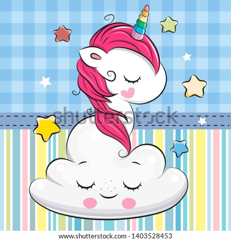 Cute Cartoon Unicorn is sleeping a on the Cloud
