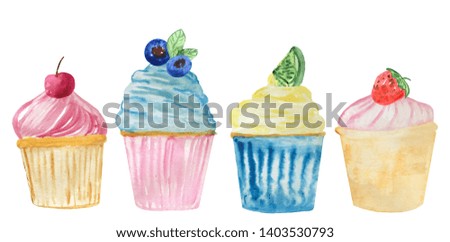 Set of watercolor cupcakes with different ornaments of berries and spicy herbs. raster illustration for design of postcards, posters, layout of magazines