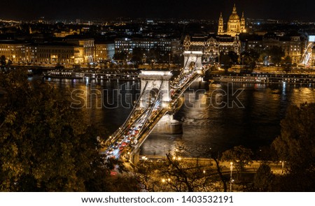 Amazing night view on Chain Bridge, Budapest with the illuminated  at night. Aerial view. Hungarian landmarks. Popular Travel destinations.