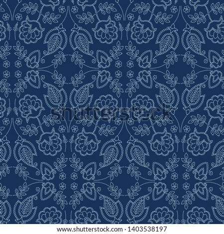 Floral leaf damask motif sashiko style. Japanese needlework seamless vector pattern. Hand stitch indigo blue lace textile print. Classic japan decor, asian fusion embroidery. Kimono quilt template.