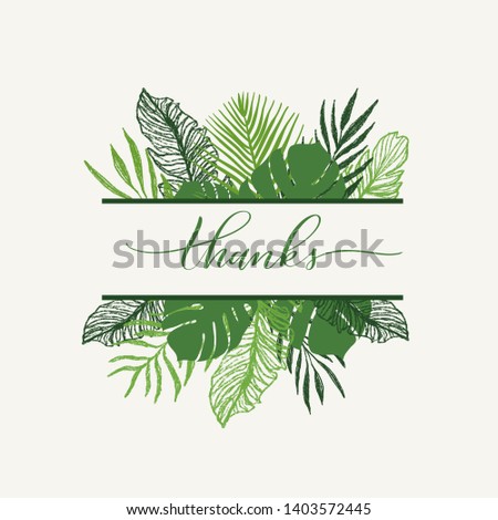 Trendy Summer Tropical Leaves Vector Design with calligraphy.