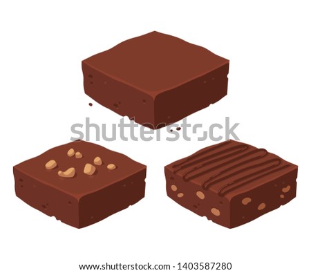 Chocolate fudge brownie isometric piece set. Traditional, with nuts and cocoa frosting. Classic chocolate dessert vector clip art illustration.