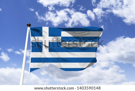 Greece flag mockup, fluttering under blue sky. Country of Europe, thousands of islands scattered across the Aegean and Ionian seas, considered the cradle of Western civilization. Capital: Athens