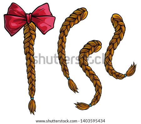 Cartoon brown hair plaits with pink holiday bow knot. Isolated on white background. Vector icon set. Royalty-Free Stock Photo #1403595434