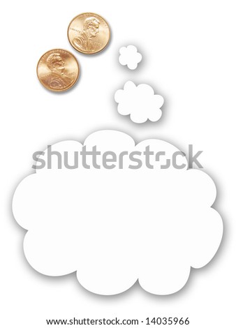 Two US pennies with cartoon thought balloon, vertical orientation