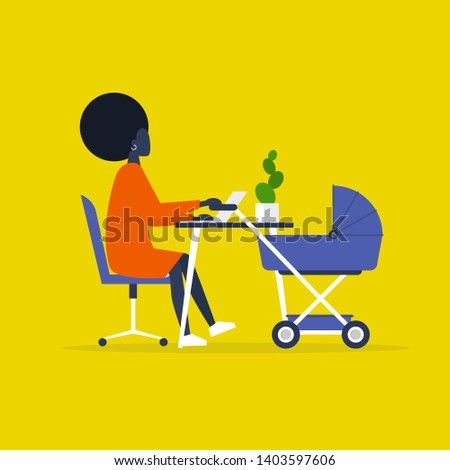 Baby carriage. Pram. Young black female character combining work and baby care. Modern parenthood. Flat editable vector illustration, clip art