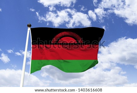 Malawi Flag Mockup, landlocked country in East Africa, located in south east, mountainous regions, Capital: Lilongwe. The peninsular city of Cape Maclear is known for its seaside resorts.