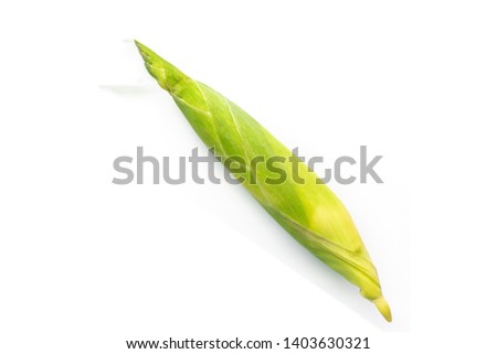 Top view of raw corn on white background.