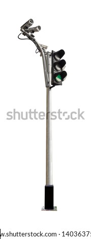 Creative layout made of traffic light and CCTV isolated on white background. Object concept. Macro concept. Close up with copy space.