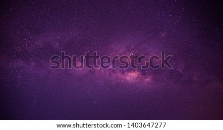 Panorama blue , purple  night sky milky way and star on dark background.Universe filled with stars, nebula and galaxy with noise and grain.Photo by long exposure and select white balance. 