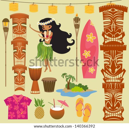 Hawaii Symbols and Icons, including Hula dancer, tiki gods, totem pole, drums, tiki torches and Hawaiian shirt