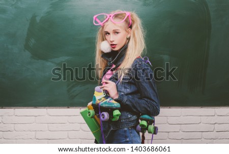School fashion. Creative teen. Fashionable girl creative student chalkboard background. Back to school. Stylish creative modern girl. Creative style. Self expression and fashion. Fancy schoolgirl.