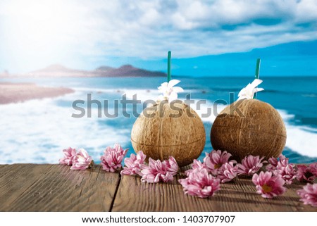 Coconuts and summer time. Free space for your decoration and sunny day. 
