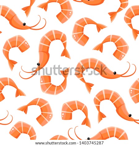 Bright vector seamless pattern with shrimps isolated on white. Fresh cartoon seafood used for magazine, book, poster, card, menu cover, web pages.