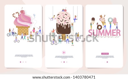 Summer Time Website Landing Page, Web Page, Mobile App Page. Tiny people spend summer time, ride a bike, walk on the background of a huge ice cream and donuts. Editable vector illustration