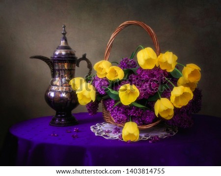 Still life with luxurious spring bouquet of flowers