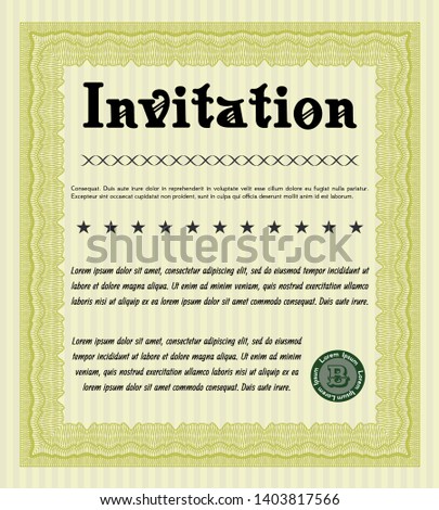 Yellow Invitation template. Vector illustration. With guilloche pattern. Sophisticated design. 