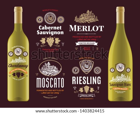 Vector vintage red and white wine labels and wine bottle mockups. Cabernet sauvignon, chardonnay, merlot, moscato, riesling and sauvignon blanc labels. Winemaking business branding and identity. Royalty-Free Stock Photo #1403824415