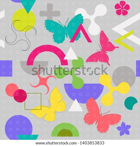 Geometric Figures. Abstract technical, seamless background. Shapes. Flowers, butterflies and plants