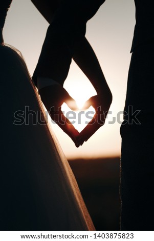 Beautiful Hand Heart Symbol Shape Close-up Image at Sunset. Original Image of Romantic Symbol of Love and Happiness Nature Background Creative Concept. Picture of Special Family Sign