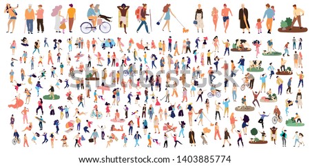 Crowd of flat illustrated people. Dancing, surfing, traveling, walking, working, playing people set. Vector big set Royalty-Free Stock Photo #1403885774