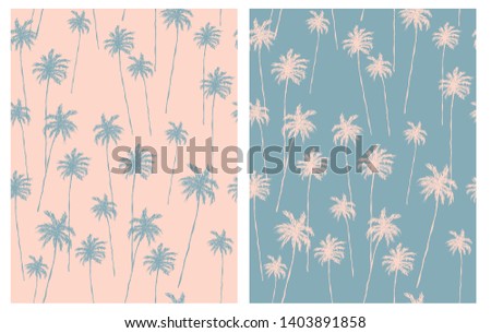 Retro Style Palm Trees Seamless Vector Pattern. Pale Pink and Blue Tropical Design for Textile, Card, Wrapping Paper, Aloha Party Decoration. Pink Hand Drawn Palms Isolated on a Pale Blue Background. 