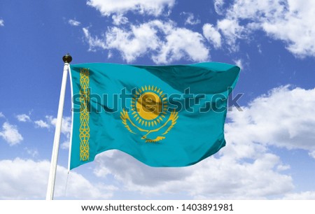 Flag of Kazakhstan, mockup, country of Central Asia, former Soviet Republic, from the Caspian Sea, to the west, up to the Altai mountains. Ascension Cathedral, Russian Orthodox Church. Capital Astana