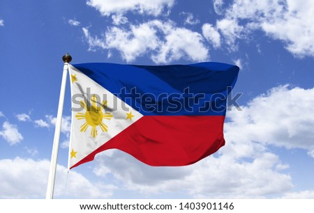 Philippine flag mockup floating under blue sky. Southeast Asia country in the West Pacific. Capital Manila, includes St. Augustine's Church, Baroque construction and Fort Santiago