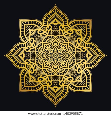 Golden mandala design. Ethnic round ornament. Hand drawn indian motif. Mehendi meditation yoga henna theme. Unique golden floral print.