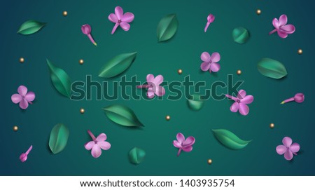 Green spring background with purple flowers and leaves vector illustration