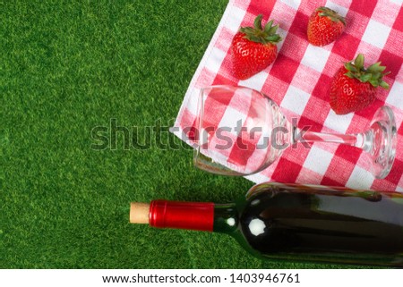 Summer picnic on the grass with checkered tablecloth and healthy food, flat banner, red wine, glasses, and strawberries with copyspace, romantic getaway