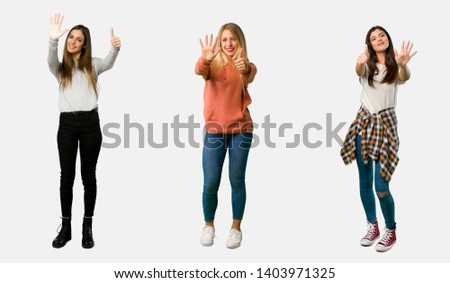 Set of women counting six with fingers