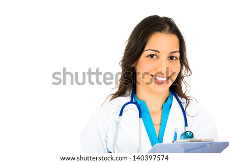 Beautiful woman doctor with stethoscope and clipboard isolated on white background