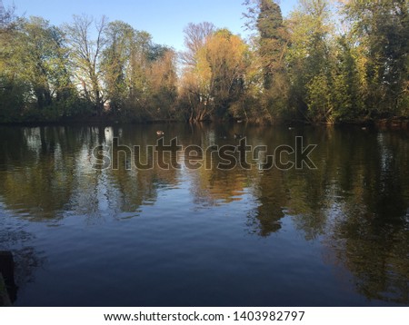An autumn picture with colorful trees reflected in lake waters