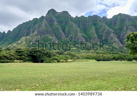 A view of the mountain at  Kualoa Regional Beach Park at O'ahu, Hawaii.