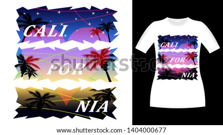 California heart love print t-shirt. Palm trees and sunset, starry sky. Beautiful vector illustration