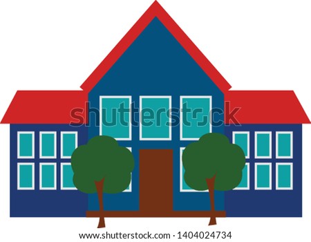 A school with the building as that of a large house has a brown door to its front, and two tall green trees at the premises set isolated on white background, vector, color drawing or illustration.