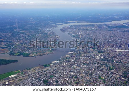 Aerial view of the skyline of the city of Philadelphia and the surrounding areas in Pennsylvania, United States
