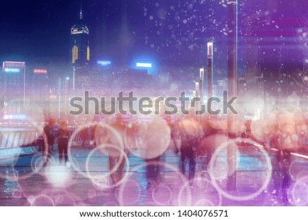 Abstract colorful bokeh with city night background. Double exposure