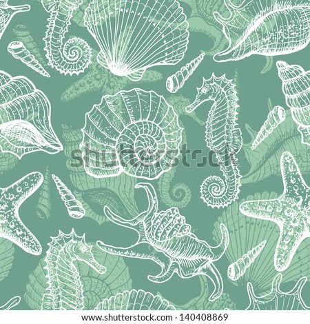 Sea seamless pattern. Original hand drawn illustration in vintage style. Raster version. Vector is also available in my gallery