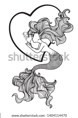 Tattoo art mermaid hand drawing and sketch black and white with line art illustration isolated on white background.