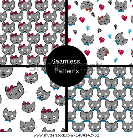 Set of seamless backgrounds. Beautiful pattern with cute kitty and hearts. Funny texture for girls. Wallpaper. Vector illustration 