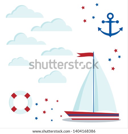 Set icon of blue and red sailboat with two sail and flag, clouds, stars, anchor, lifebuoy isolated on white background. Vector illustration. Children marine style design elements. Flat cartoon style.