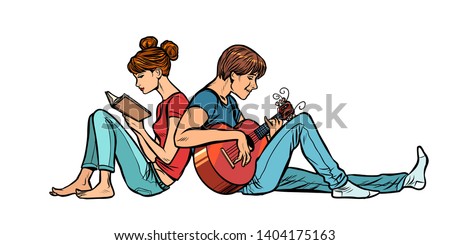 A couple of teenagers girl and boy. Woman reading a book, a man playing guitar. Comic cartoon pop art retro illustration drawing