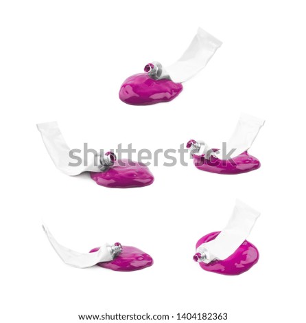 Used paint tube lying in a dye spill splash, composition isolated over the white background, set of five different foreshortenings