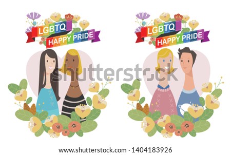 happy pride LGBT couples in flower wreath. flat design style minimal vector illustration