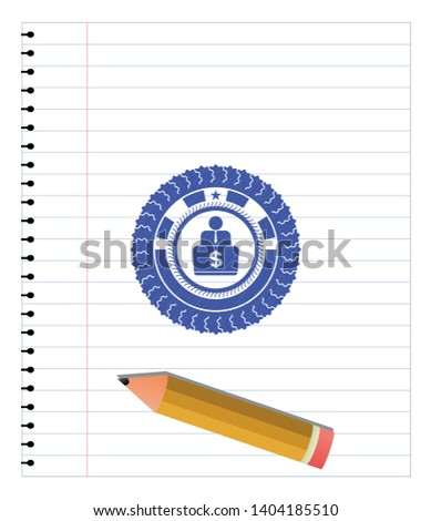 man working on computer icon pen strokes emblem. Blue ink. Vector Illustration. Detailed.
