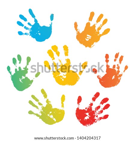 Hand rainbow print isolated on white background. Color child handprint. Creative paint hands prints. Happy childhood design. Artistic kids stamp, bright human fingers and palm Vector illustration Royalty-Free Stock Photo #1404204317