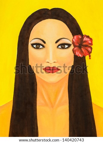 Oil painting of a woman with red flower